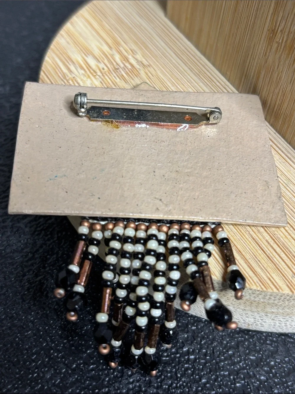 Handcrafted Geometric Metal Beaded Fringe Pendant in Black Bronze Brooch